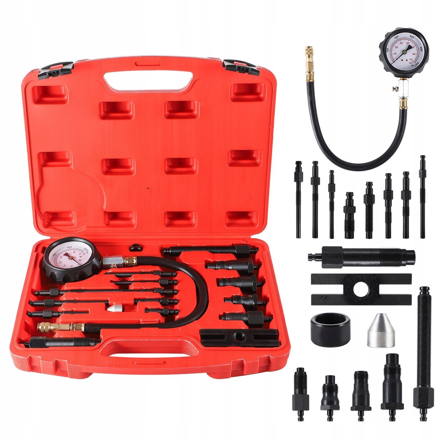 Tester kompresji sprężania Diesel 0–70 BAR miernik ciśnienia silnika 17 el. z adapterami Resser