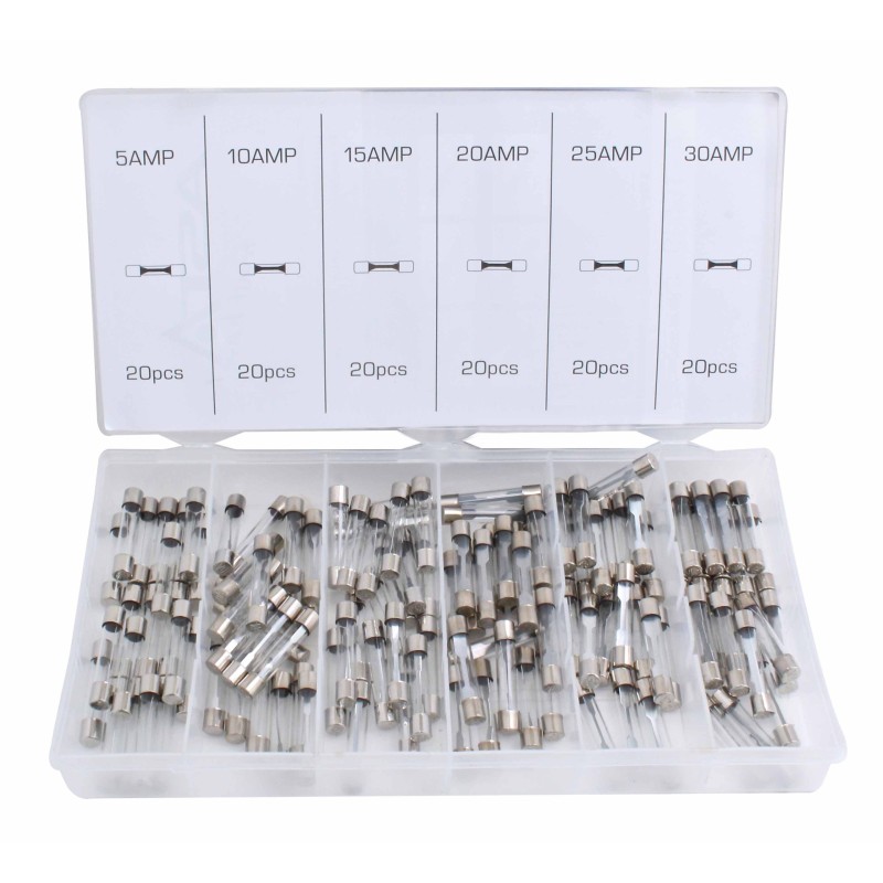 Bezpieczniki szklane topikowe zestaw 6X32MM 5-30A 120EL