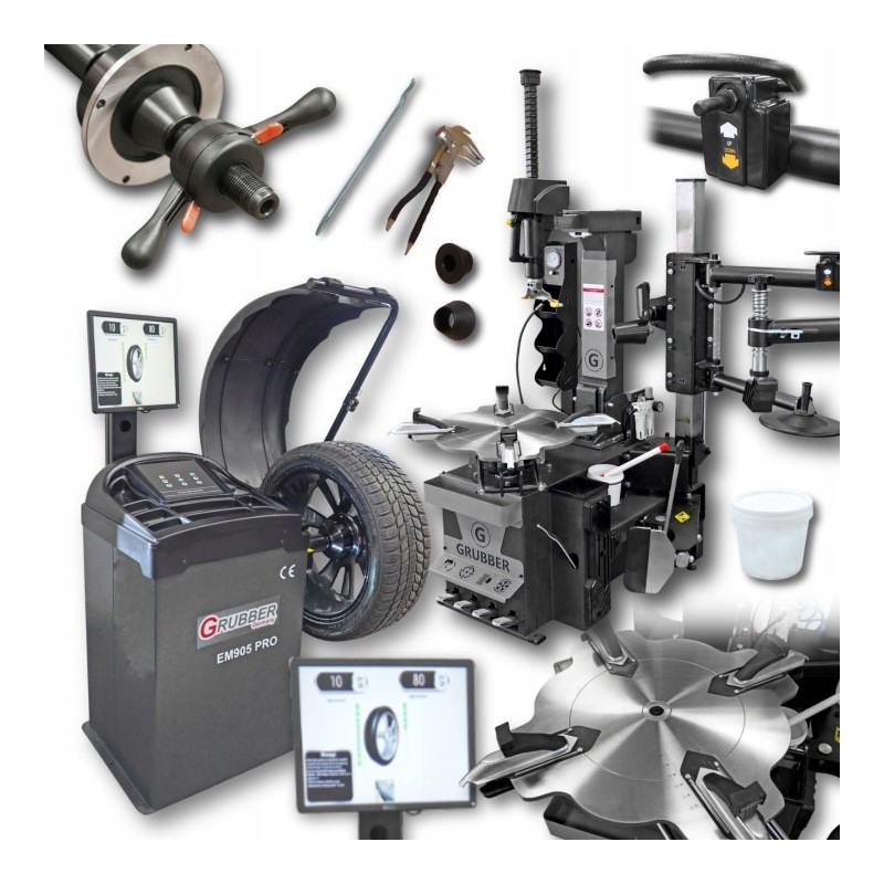 Zestaw 3W1 Grubber montażownica do opon  26″ z Ramie pomocnicze RunFlat + Wyważarka z monitorem EM905