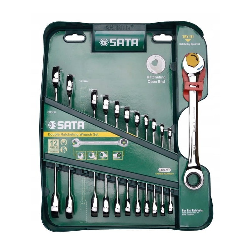 Zestaw 12 kluczy klucze płasko-oczkowe z podwójną grzechotką sata