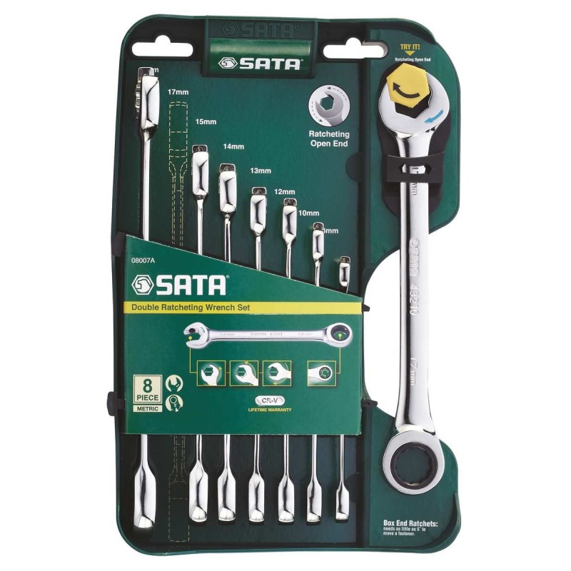 Zestaw 8 kluczy klucze płasko-oczkowe z podwójną grzechotką sata